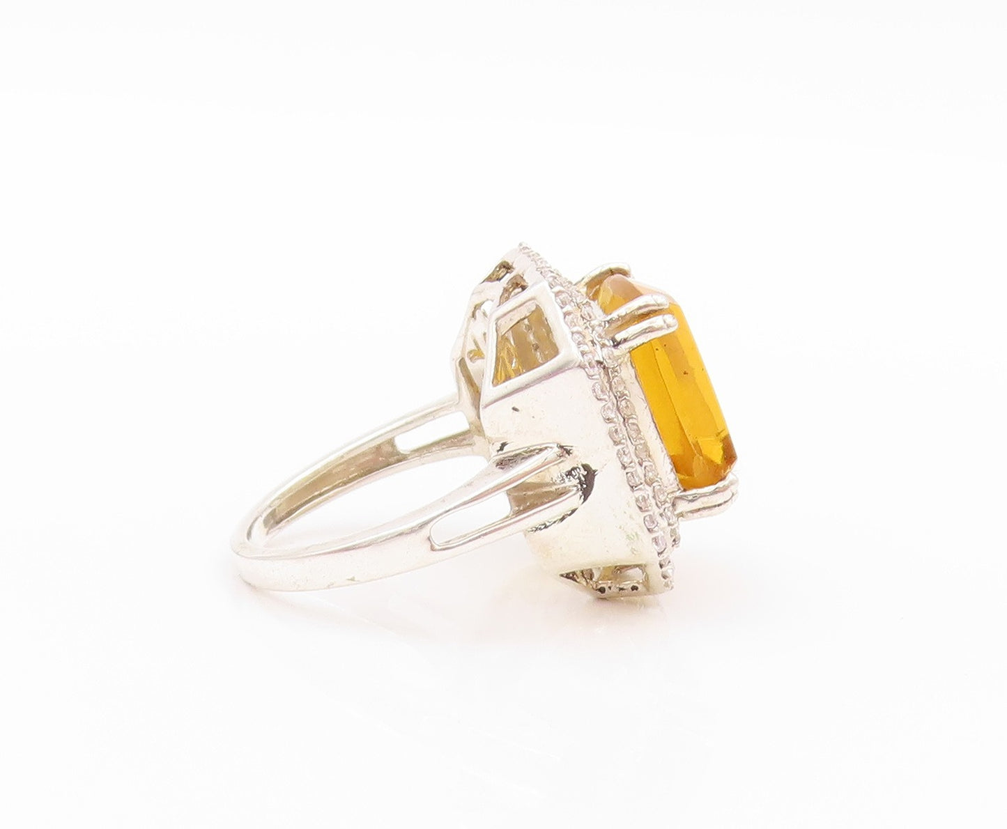 925 Sterling Silver Vintage Ring Square Citrine Halo Topaz  Sz 7  RG32449