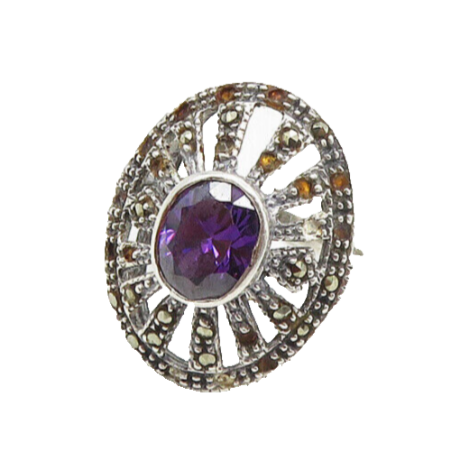 925 Sterling Silver Amethyst & Marcasite Cutout Cocktail Ring Sz 5  RG17459