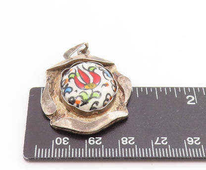 925 Sterling Silver Vintage Pendant Classic Ceramic Tulip Flower Charm  PT26108