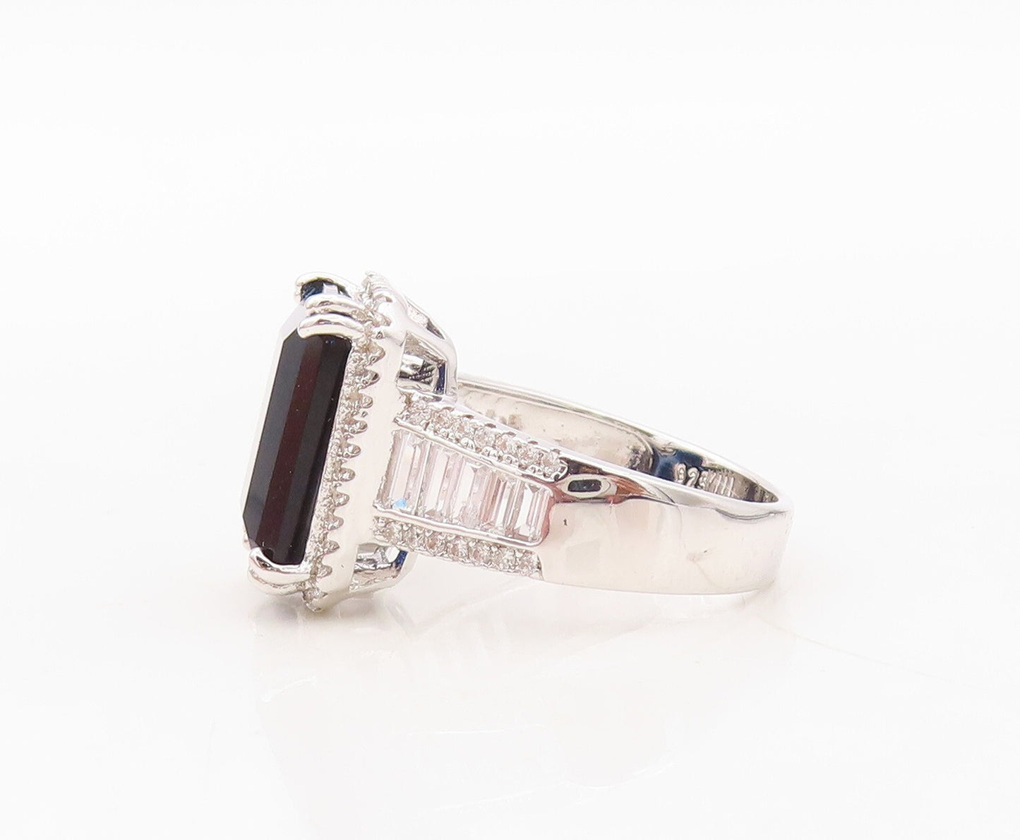 925 Sterling Silver Vintage Ring Rectangle Sapphire & CZ Inlay  Sz 7.5  RG30374