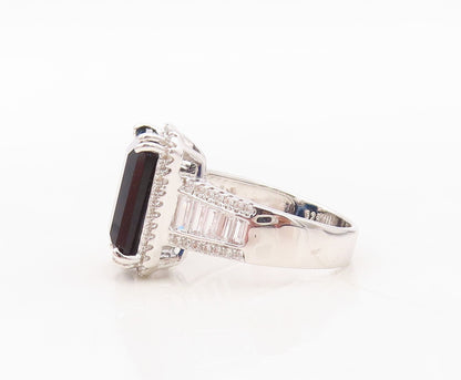 925 Sterling Silver Vintage Ring Rectangle Sapphire & CZ Inlay  Sz 7.5  RG30374