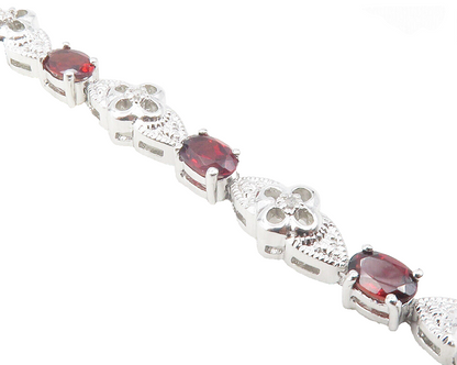 925 Sterling Silver  Red Topaz & Genuine Diamonds Floral Chain Bracelet BT4741