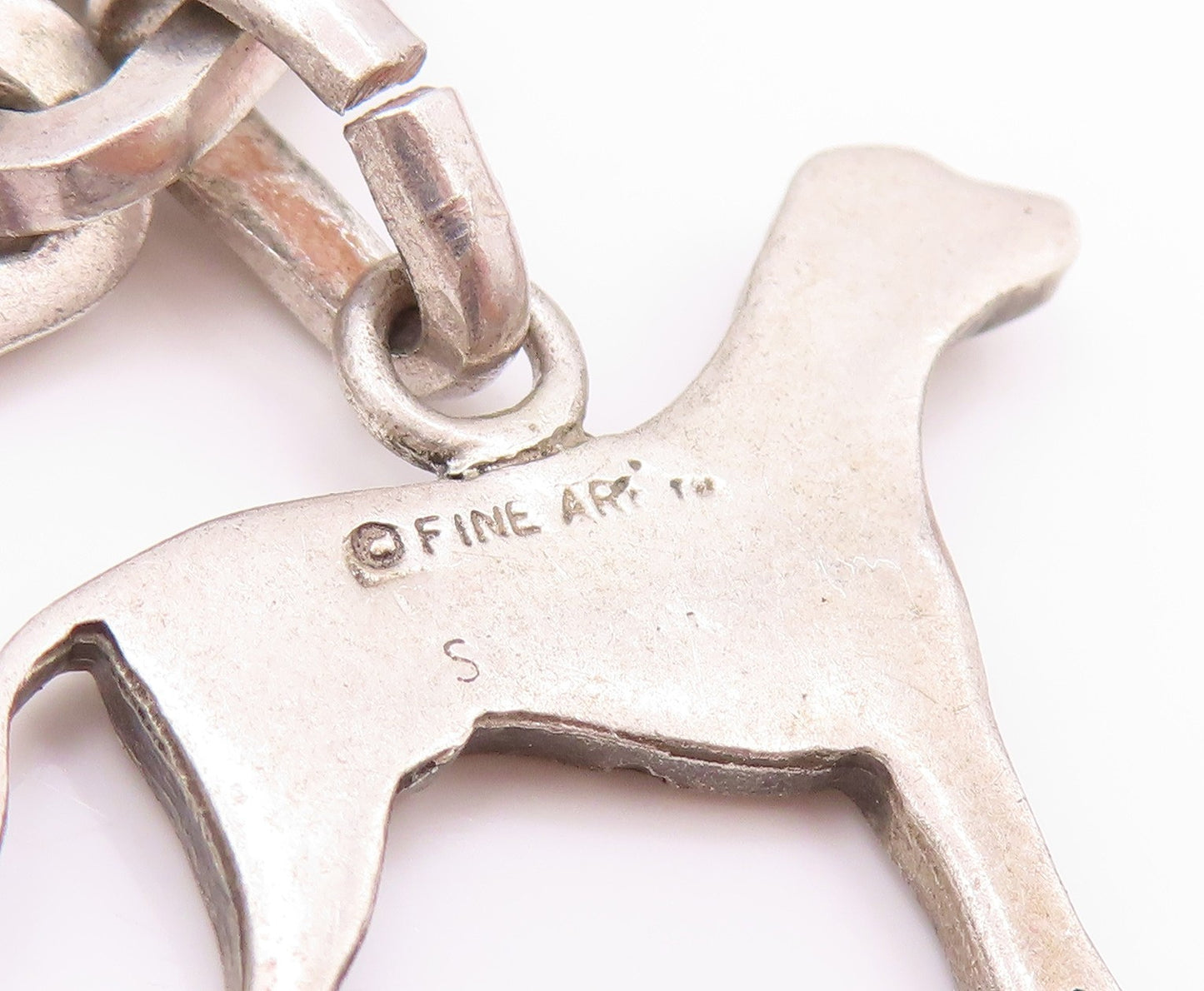 925 Sterling Silver Vintage Bracelet Solid U Chain Dangling Dog Charm  BT11277