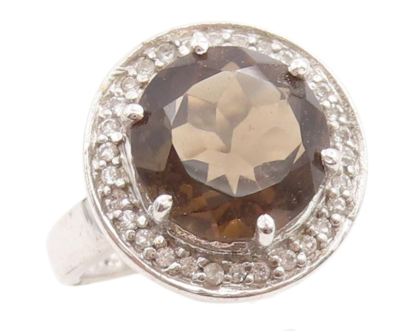 925 Sterling Silver Vintage Ring Smoky Quartz & Halo Topaz Band  Sz 6  RG35760