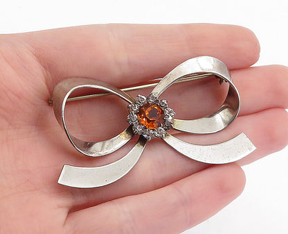 925 Sterling Silver  Vintage Citrine & Topaz Bow Tied Ribbon Brooch Pin BP2071