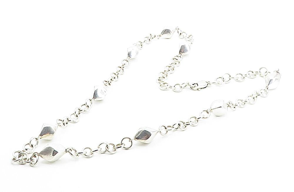 925 Sterling Silver  Shiny Hollow Diamond Shape Link Chain Necklace  NE1313