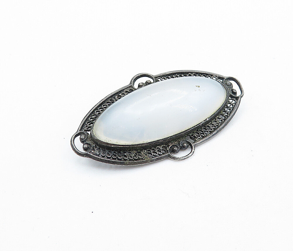 925 Sterling Silver  Vintage Cabochon Cut Milky Quartz Brooch Pin  BP2606