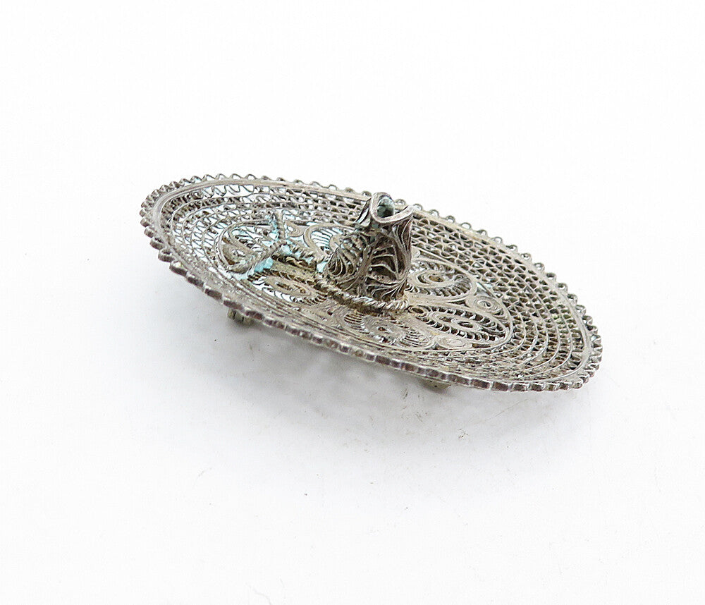 925 Sterling Silver  Vintage Swirl Filigree Sombrero Motif Brooch Pin  BP1975