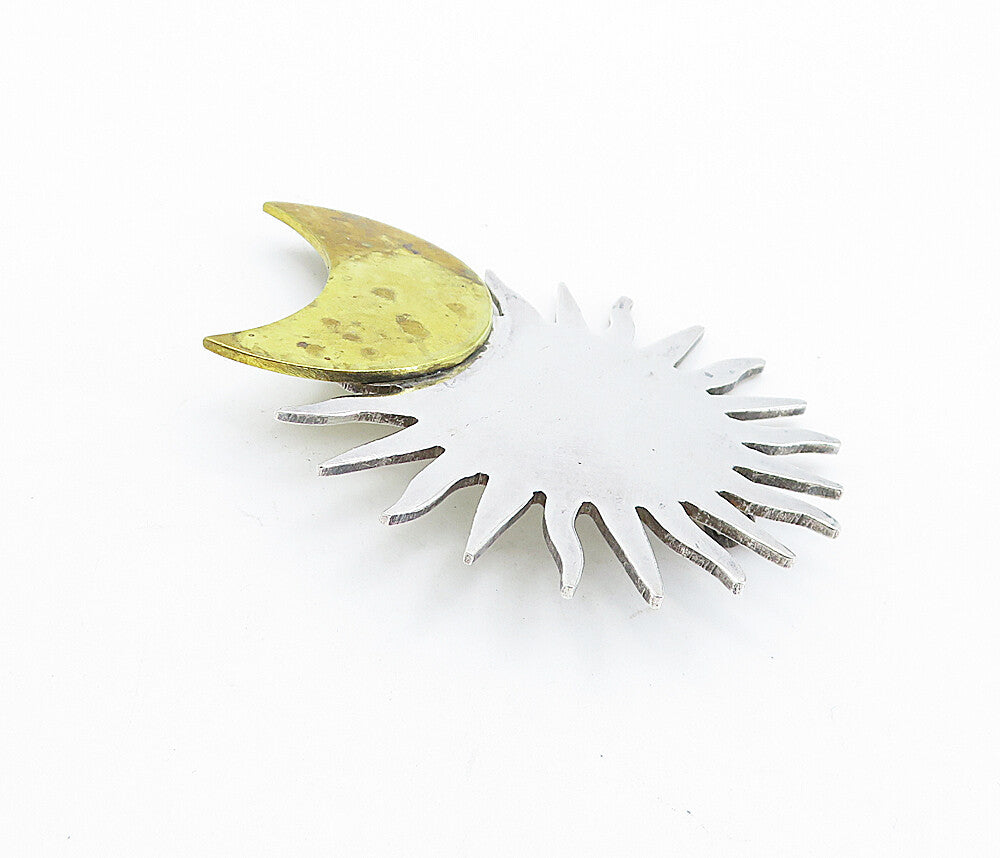 MEXICO 925 Sterling Silver Vintage Crescent Moon & Sun Brooch Pin BP2625