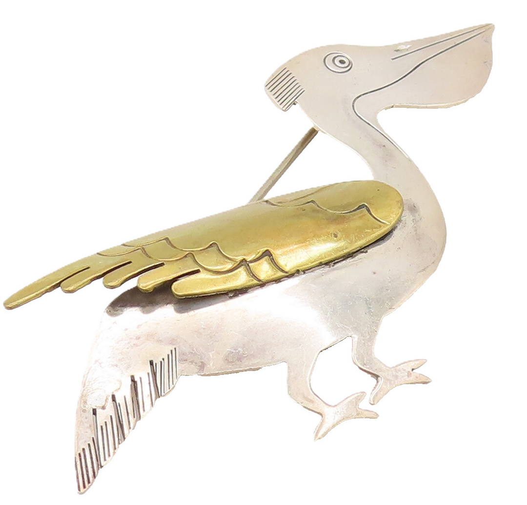 MEXICO 925 Sterling Silver Vintage Two Tone Pelican Bird Brooch Pin BP10139