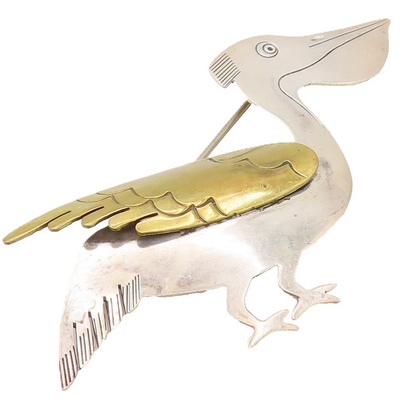 MEXICO 925 Sterling Silver Vintage Two Tone Pelican Bird Brooch Pin BP10139