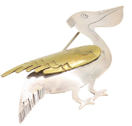 MEXICO 925 Sterling Silver Vintage Two Tone Pelican Bird Brooch Pin BP10139