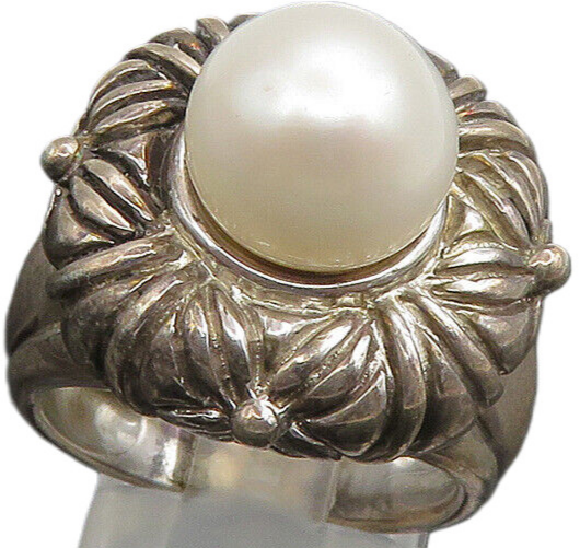 925 Sterling Silver   Vintage Cultured Pearl Floral Cocktail Ring Sz 8 RG23372
