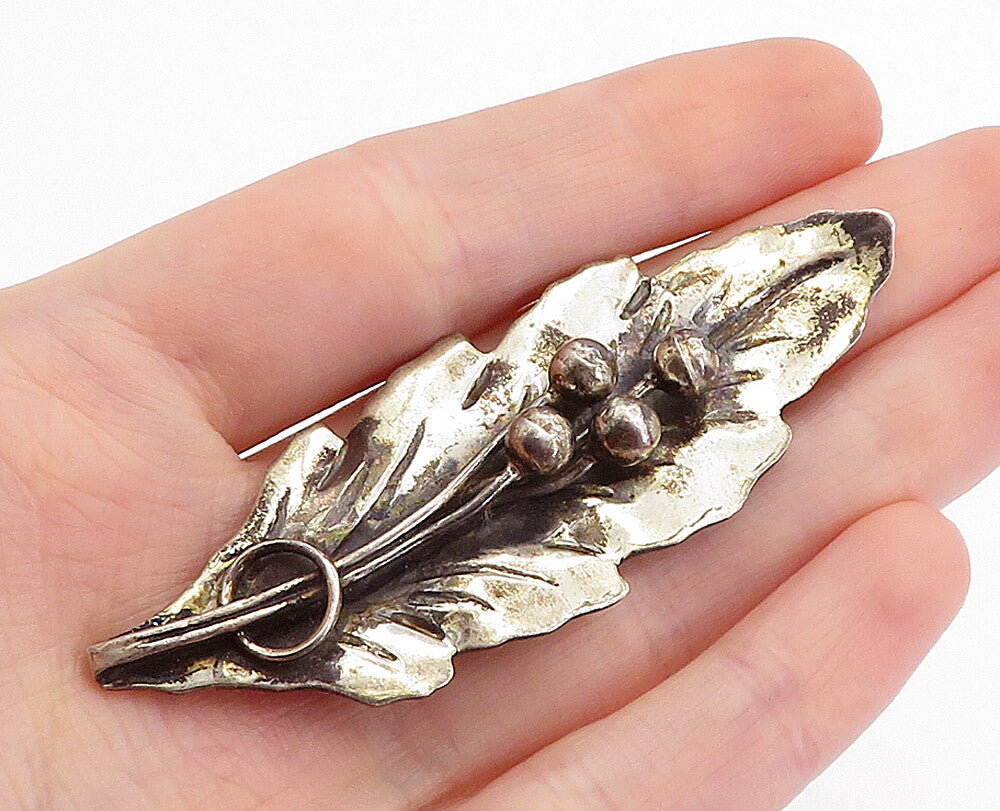MEXICO 925 Sterling Silver  Vintage Oxidized Single Leaf Brooch Pin  BP1671