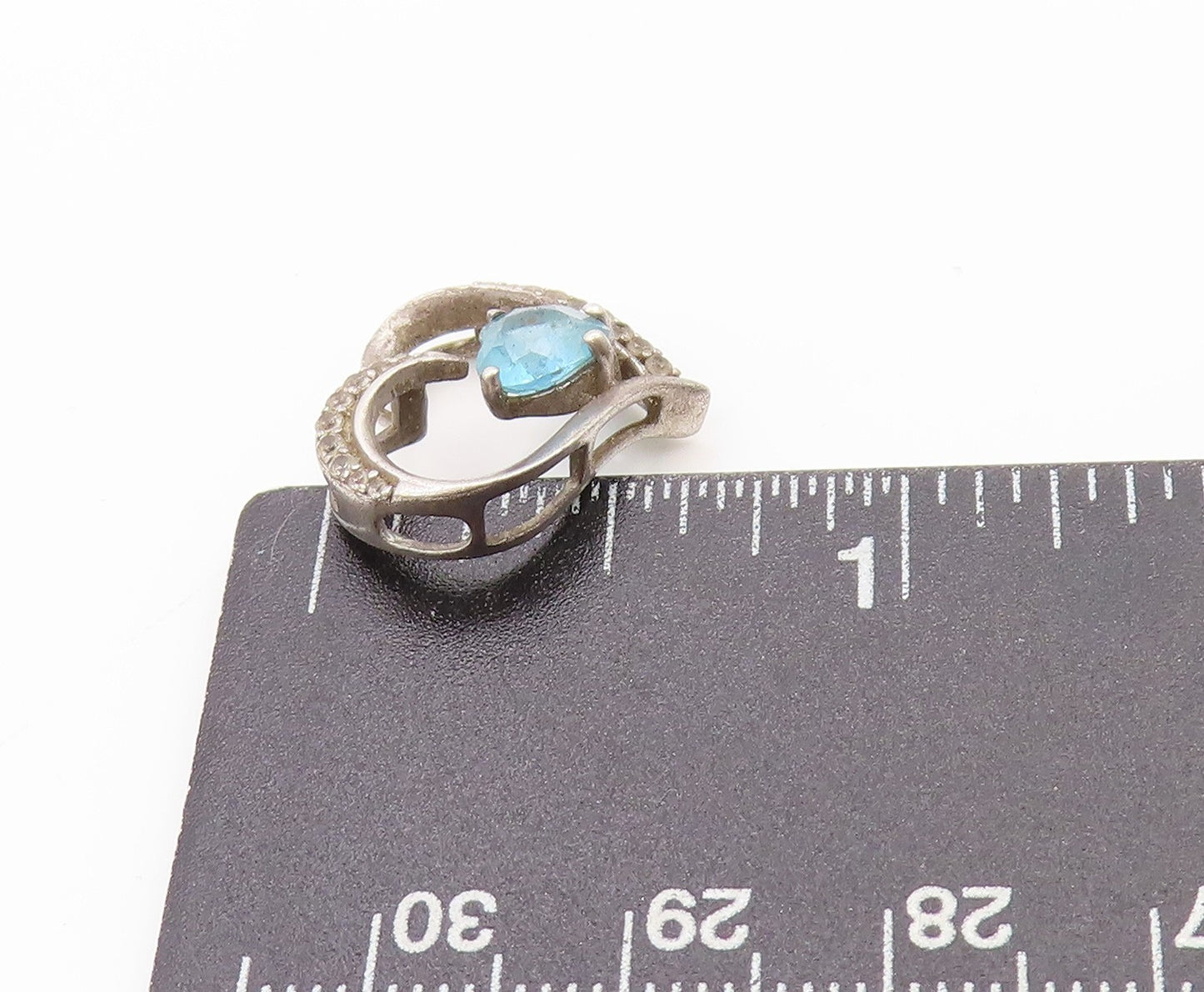 925 Sterling Silver Vintage Pendant Blue Topaz Tilted Love Heart Charm  PT25065