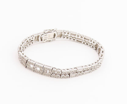 925 Sterling Silver Vintage Bracelet  Multi Shape CZ Double Strap Link  BT12225