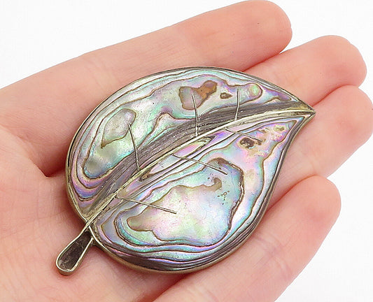 MEXICO 925 Sterling Silver  Vintage Abalone Single Leaf Brooch Pin  BP1681