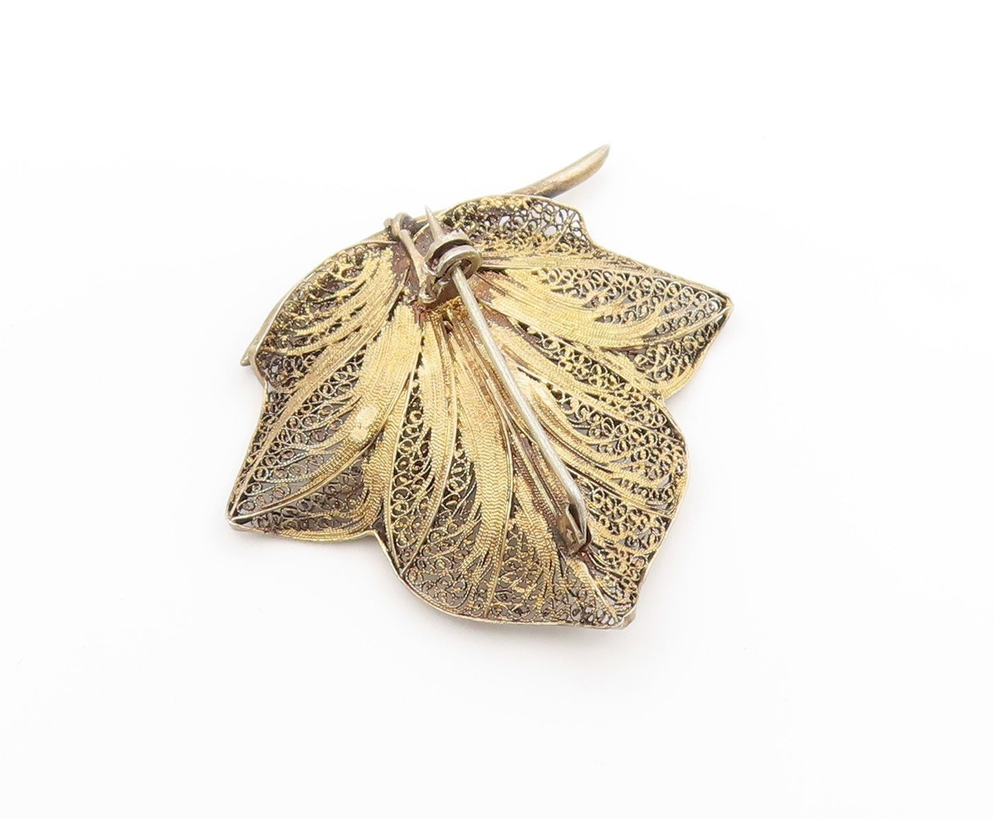 925 Sterling Silver Vintage Brooch Gold Plated Filigree Flower Blossom  BP11895