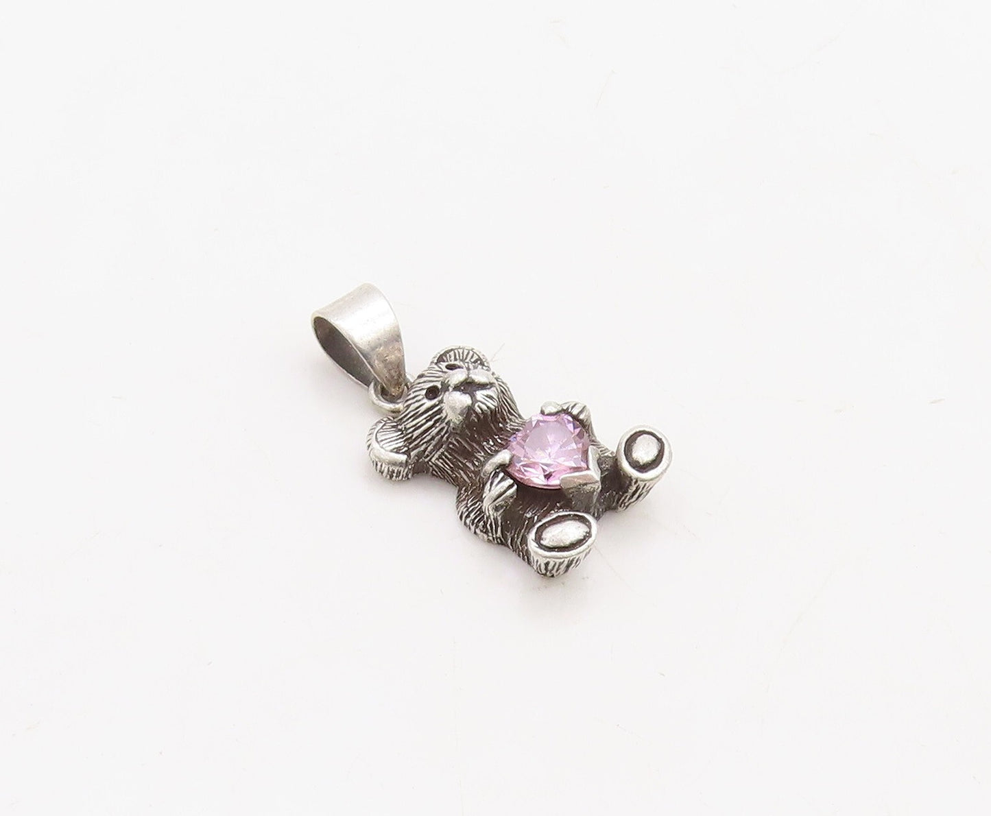 925 Sterling Silver Vintage Pendant Dark Tone Teddy With Pink CZ Heart  PT23698