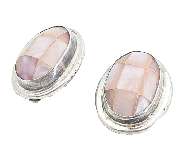 MEXICO 925 Sterling Silver Vintage Mother Of Pearl Non Pierce Earrings EG4303