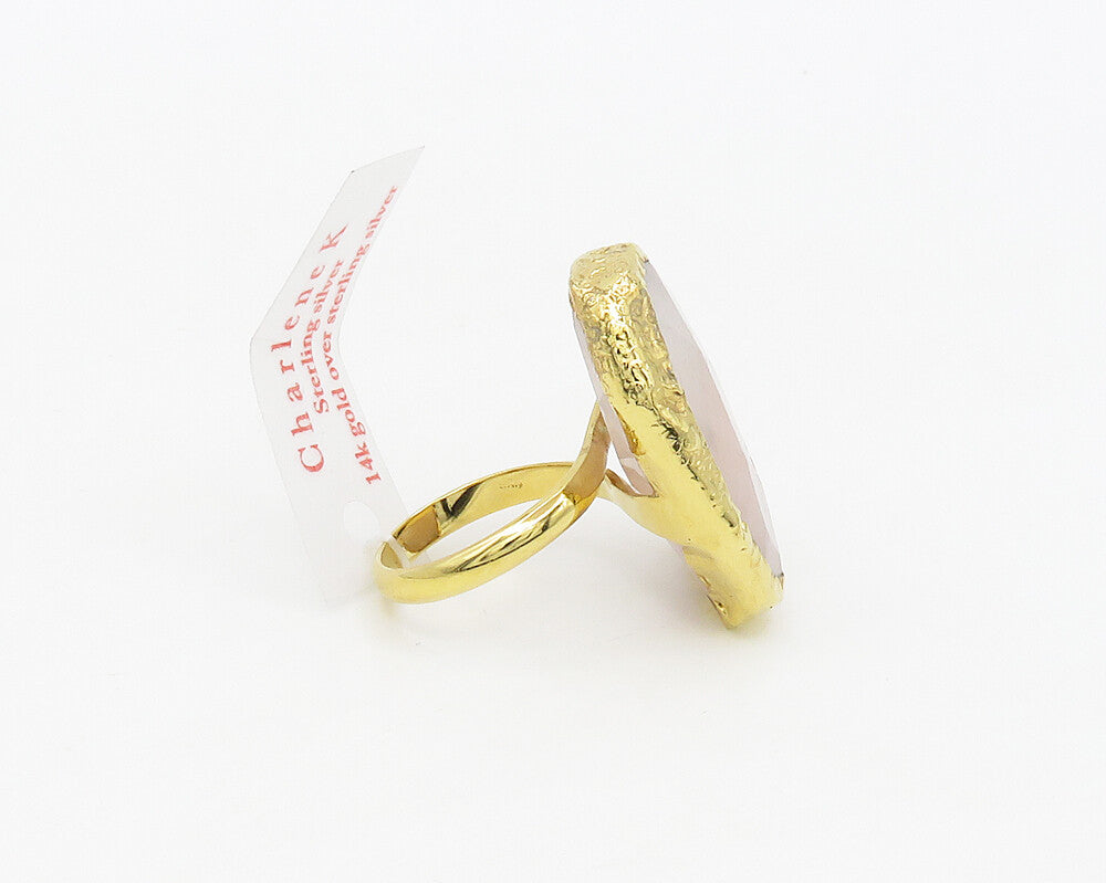 925 Sterling Silver  Rose Quartz Gold Plated Cocktail Ring Sz 7.5  RG17779