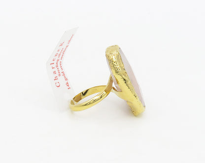 925 Sterling Silver  Rose Quartz Gold Plated Cocktail Ring Sz 7.5  RG17779