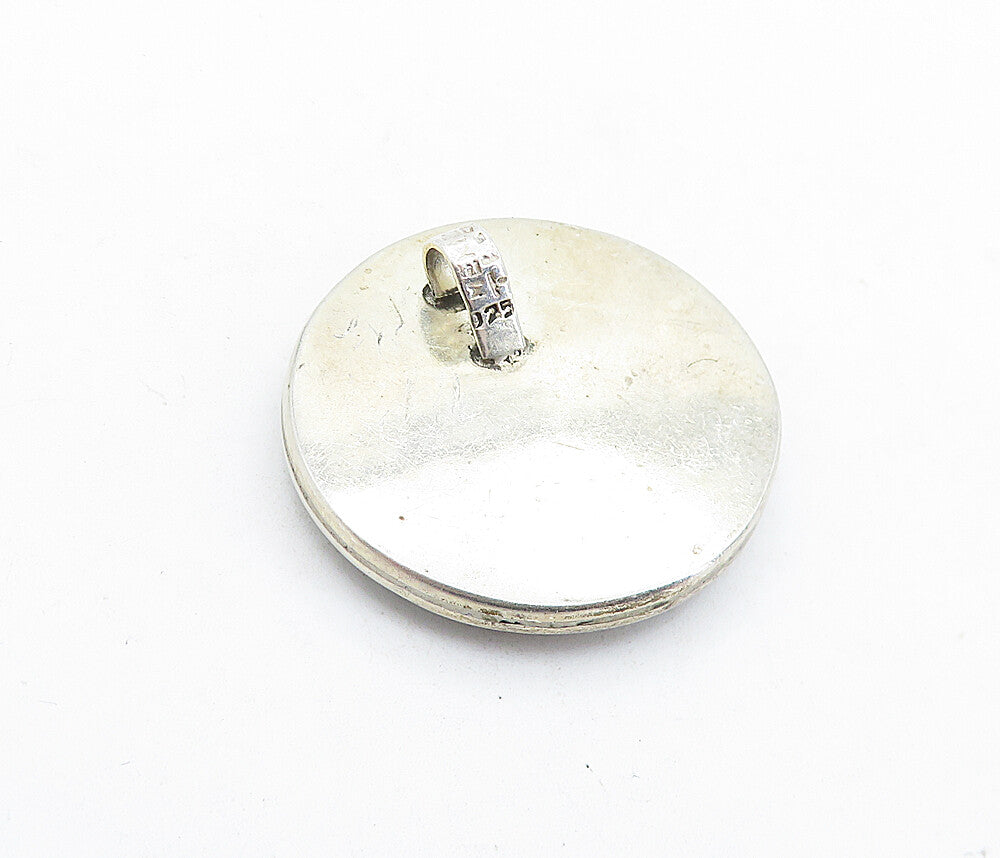 MEXICO 925 Silver  Vintage Mother Of Pearl Oxidized Round Pendant  PT4463