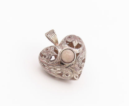 925 Sterling Silver Vintage Pendant Round Onyx & Opal Etched Love Heart  PT26028