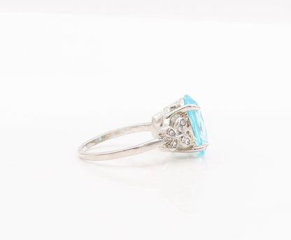 925 Sterling Silver Vintage Ring Oval Cut Blue & White CZ Carved  Sz 9  RG28472