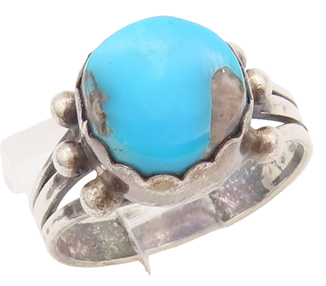 925 Sterling Silver Vintage Ring NAVAJO Beaded Round Turquoise  Sz 7  RG28081