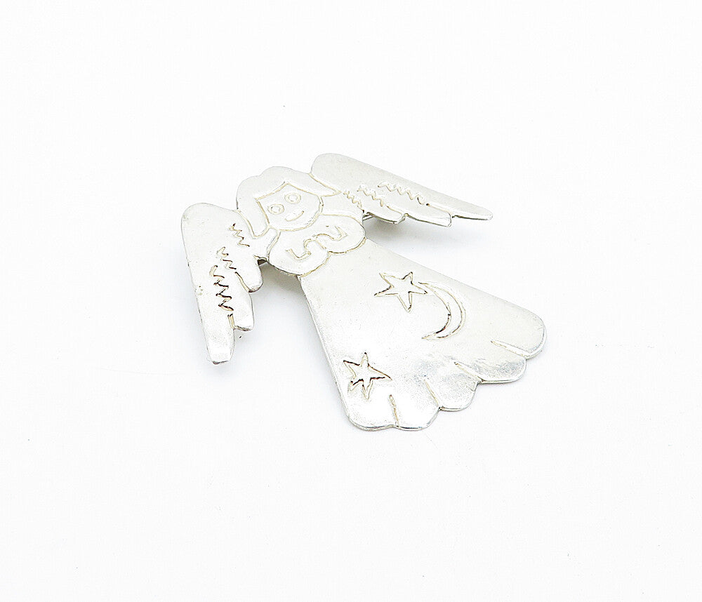 925 Sterling Silver  Vintage Shiny Etched Praying Angel Brooch Pin  BP1111