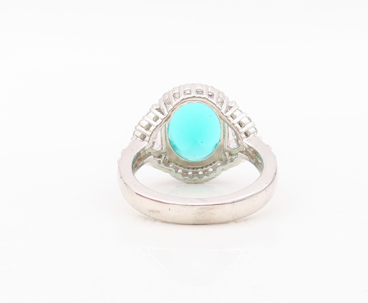 925 Sterling Silver Vintage Ring Oval Sea Green Halo White CZ Inlay Sz 7 RG30449