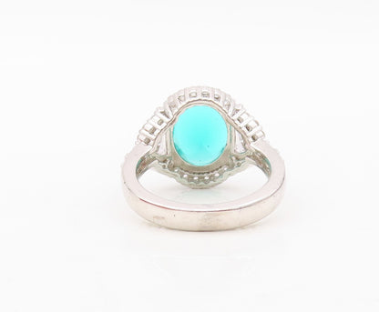 925 Sterling Silver Vintage Ring Oval Sea Green Halo White CZ Inlay Sz 7 RG30449