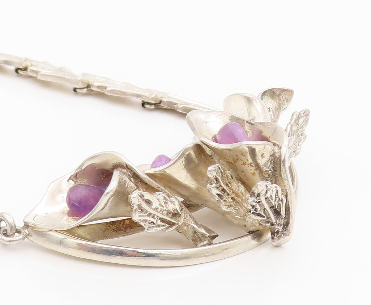 925 Sterling Silver Vintage Necklace MEXICO Heavy Cutout Gemstone Lily  NE4476