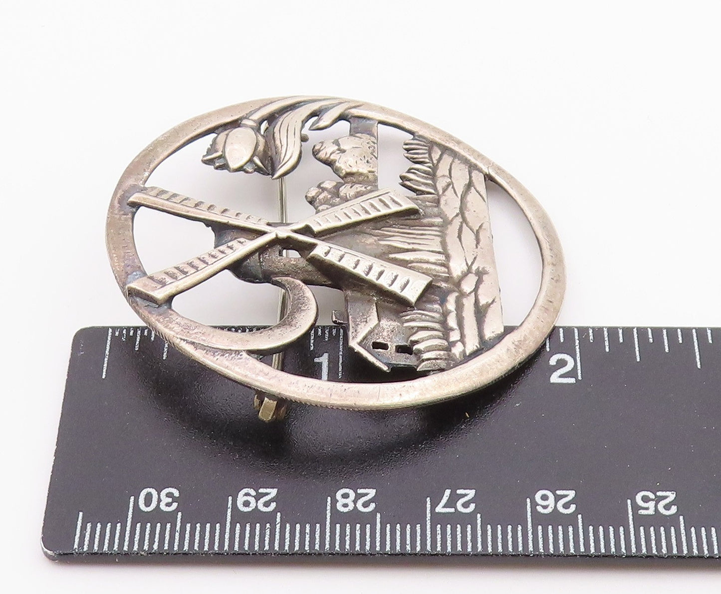 925 Sterling Silver  Vintage Windmill Floral Scene Round Brooch Pin  BP3640