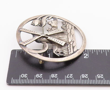925 Sterling Silver  Vintage Windmill Floral Scene Round Brooch Pin  BP3640