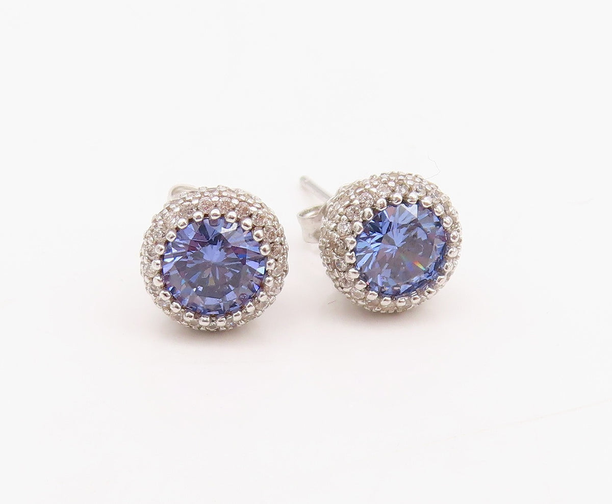 925 Sterling Silver Vintage Earrings Round Blue Halo White Topaz Studs  EG13643