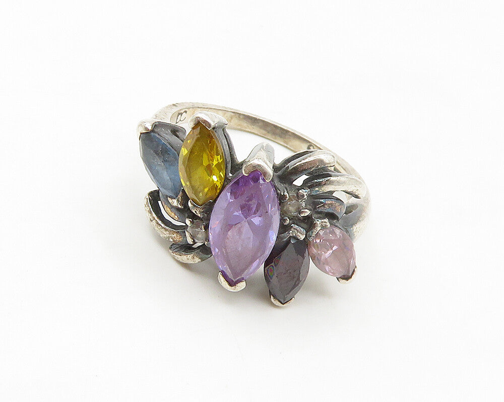 925 Sterling Silver  Vintage Amethyst Garnet & Topaz Band Ring Sz 7  RG17052