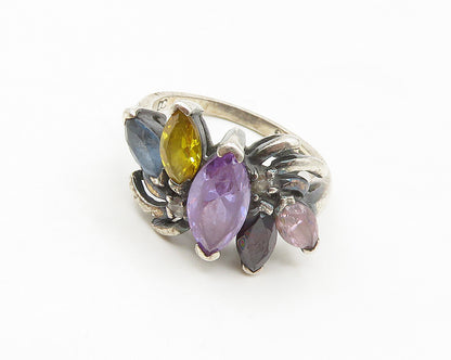 925 Sterling Silver  Vintage Amethyst Garnet & Topaz Band Ring Sz 7  RG17052