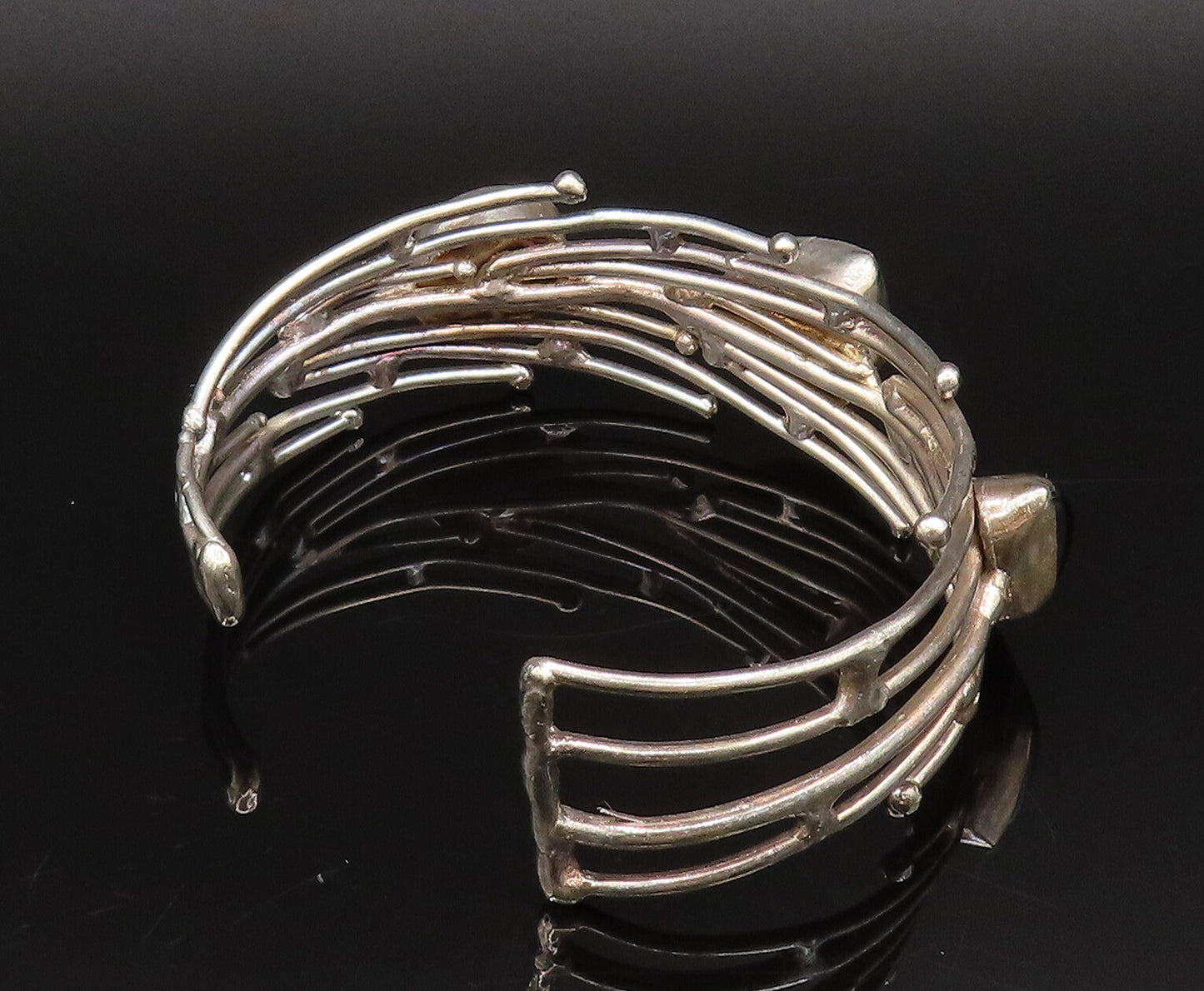 925 Silver  Vintage Multi Shaped Black Onyx Open Rows Cuff Bracelet BT9665