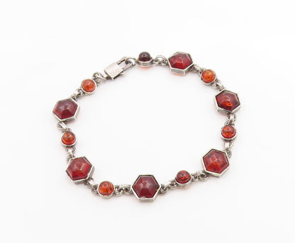 925 Sterling Silver Vintage Bracelet Chunky Honey Amber Geometric Link  BT12085