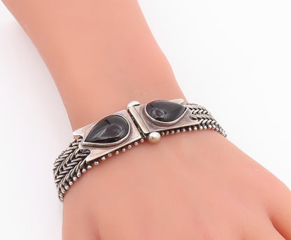 925 Sterling Silver Vintage Bracelet Pear Cut Onyx Intricate Woven Link  BT11847