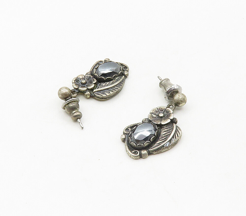 WHEELER 925 Silver  Vintage Hematite Floral Leaves Drop Earrings  EG8453