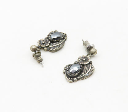 WHEELER 925 Silver  Vintage Hematite Floral Leaves Drop Earrings  EG8453