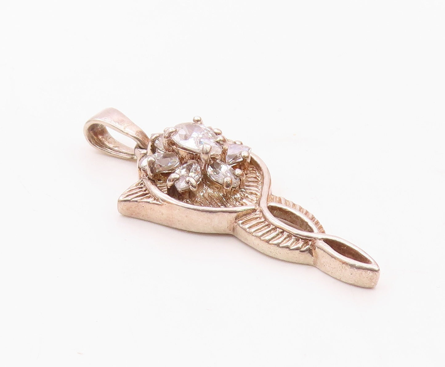 925 Silver  Vintage Fancy Cubic Zirconia Flower Twisted Drop Pendant  PT21666