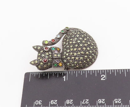925 Sterling Silver Vintage Brooch Multi Gemstone Cat With Bowtie Pin  BP11999