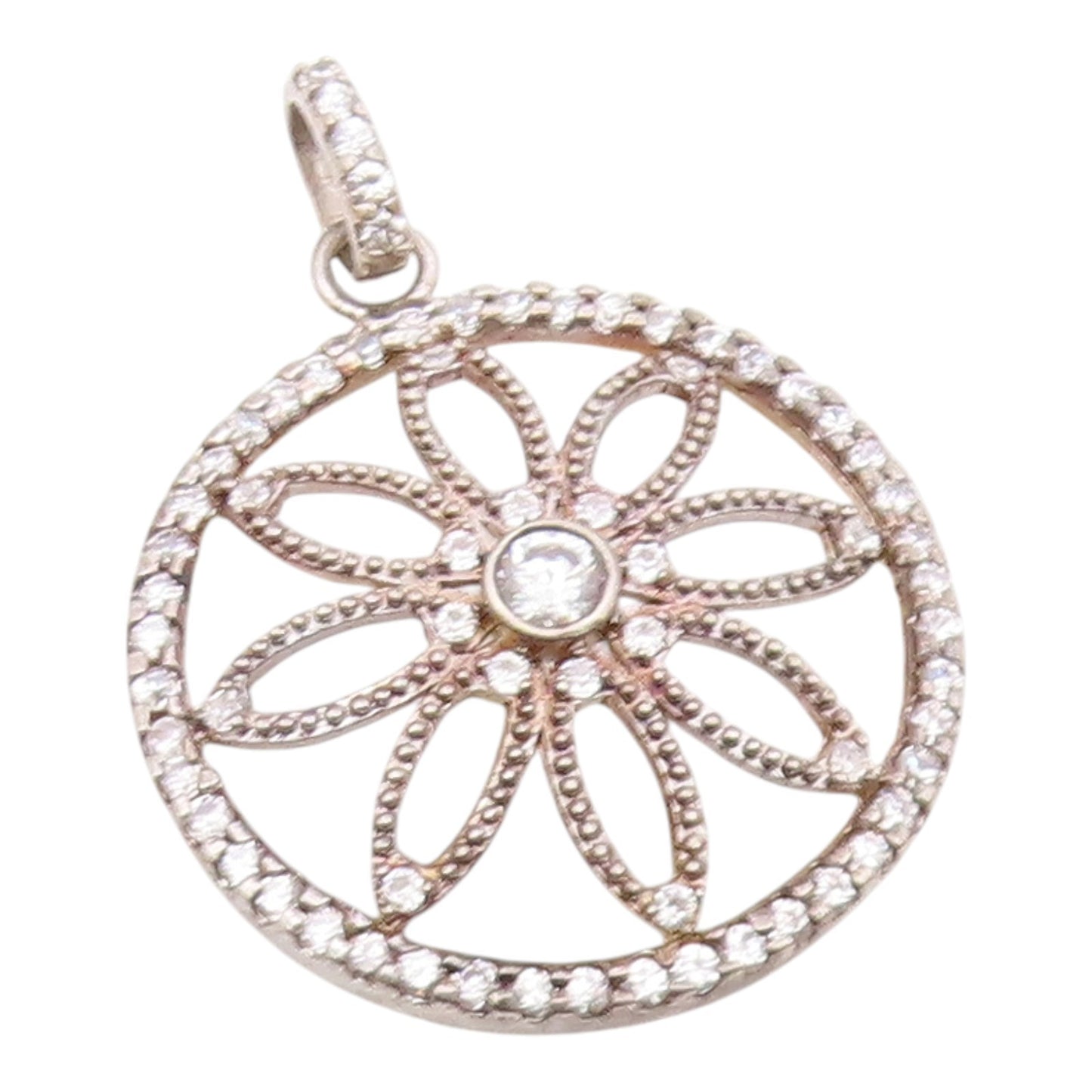 925 Sterling Silver  Vintage Cubic Zirconia Open Flower Motif Pendant  PT18476