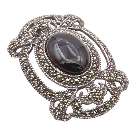 JUDITH JACK 925 Silver  Vintage Black Onyx & Marcasite Dome Pendant  PT20507