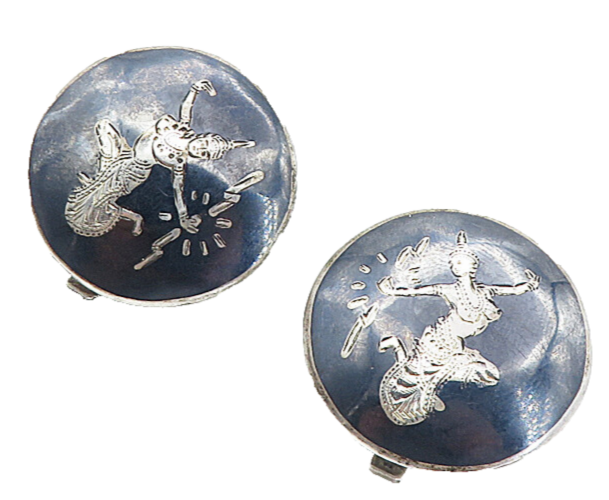 SIAM 925 Sterling Silver  Vintage Niello Dancer Non Pierce Earrings  EG4099