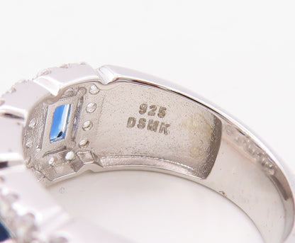925 Sterling Silver Vintage Ring Rectangle Sapphire Halo CZ Inlay Sz 7.5 RG30817